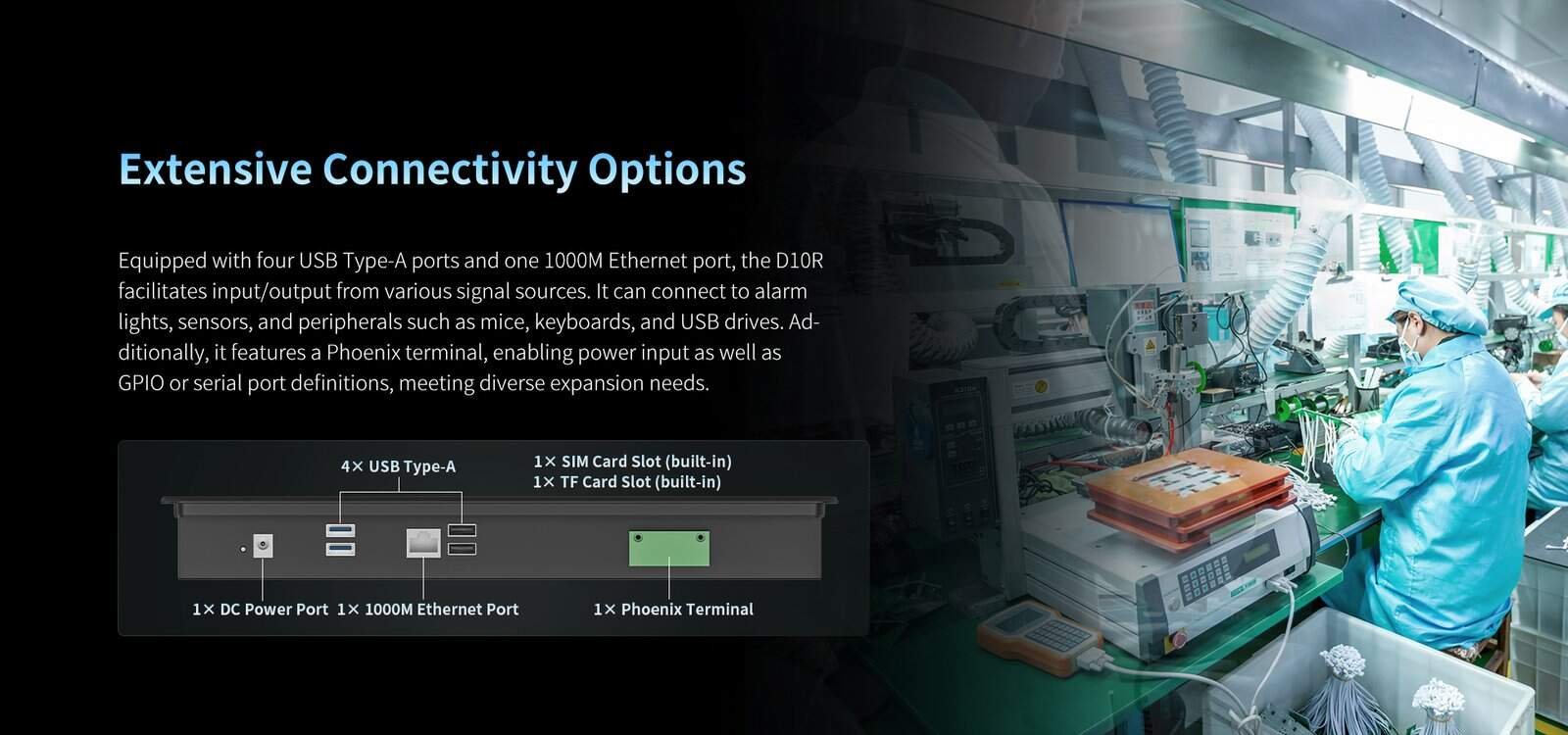 Robust industrial computer with multiple connectivity options, including USB Type-A ports, Ethernet, and a Phoenix terminal, designed for manufacturing and automation applications.