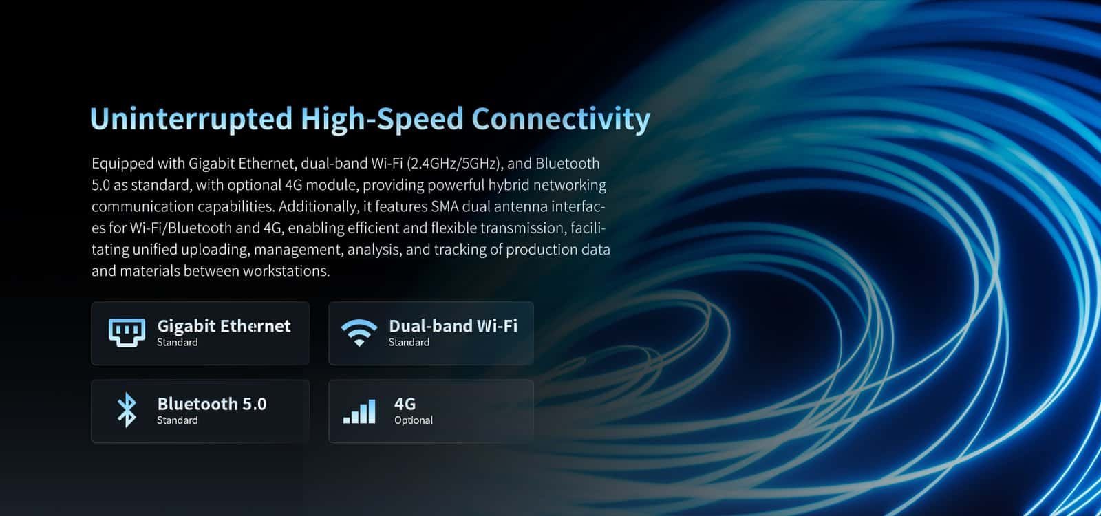 Gigabit Ethernet, dual-band Wi-Fi, Bluetooth 5.0 connection capabilities for high-speed, reliable hybrid networking technology.