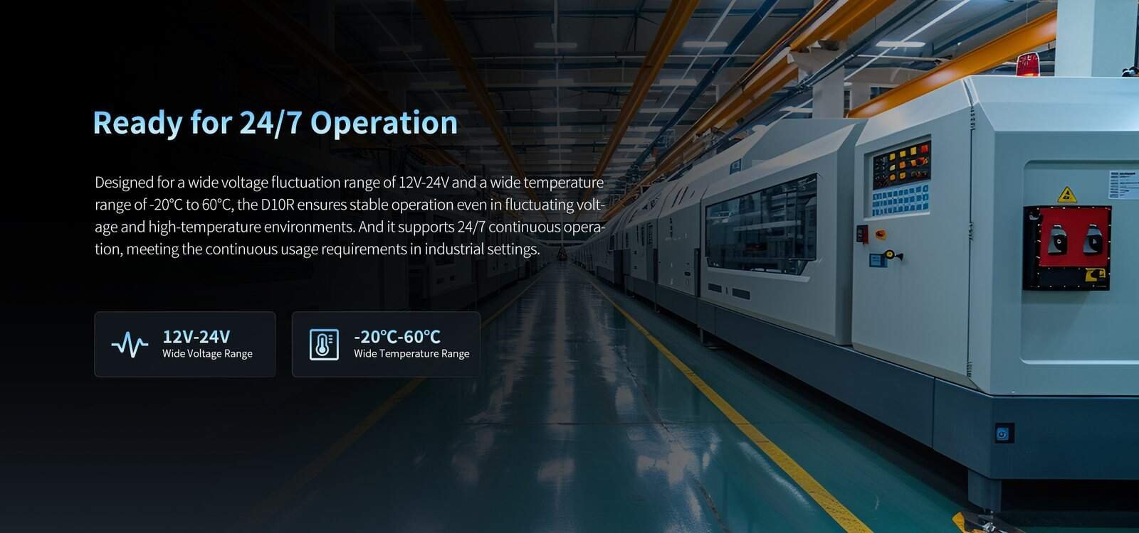High-quality industrial automation machinery in a modern factory environment, supporting 24/7 operation and wide voltage and temperature ranges for reliable performance.