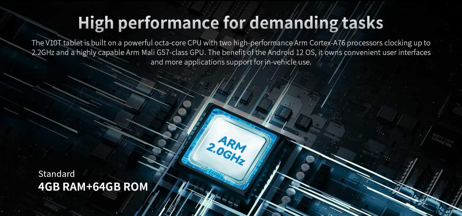 Enhanced rugged tablet with powerful octa-core CPU, Arm Cortex-A76 processors up to 2.2GHz, and Mali G57 GPU for demanding industrial and in-vehicle applications.