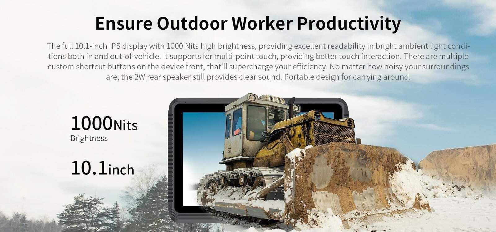 High brightness 10.1-inch IPS outdoor display with rugged construction, suitable for construction sites, offering durable touchscreen functionality and outdoor worker productivity tools.