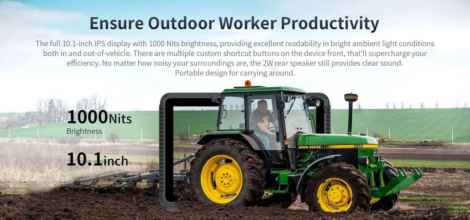 13. Rugged outdoor industrial tablet with full 10.1-inch IPS display, bright 1000 nits for outdoor visibility, multiple shortcut buttons, and portable design for outdoor worker productivity.