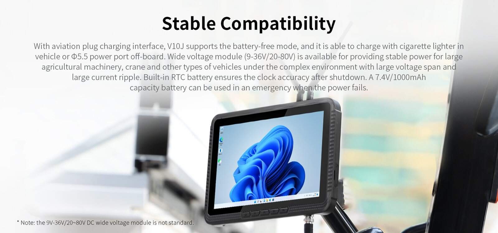 Rugged industrial tablet with stable power supply and large display for industrial applications.