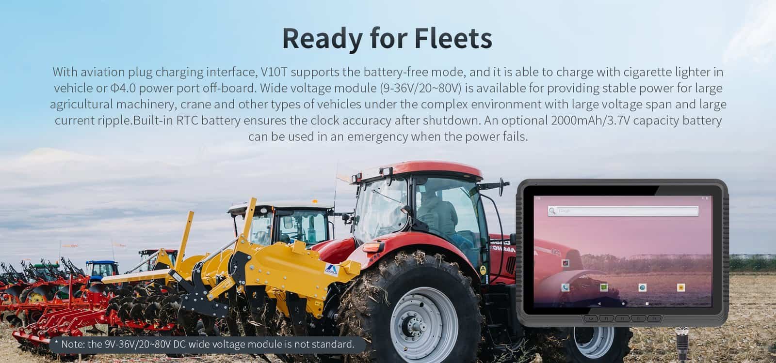 Rugged industrial tablets for agriculture and vehicle fleet management, durable outdoor touchscreen monitor, EMdoorIPC vehicle-mounted computer, off-road farming device, off-board power solutions for machinery.
