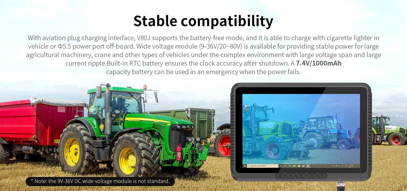 High-performance industrial rugged tablet designed for agricultural machinery, cranes, and vehicle systems, featuring wide voltage support and battery backup for reliable operation in complex environments.