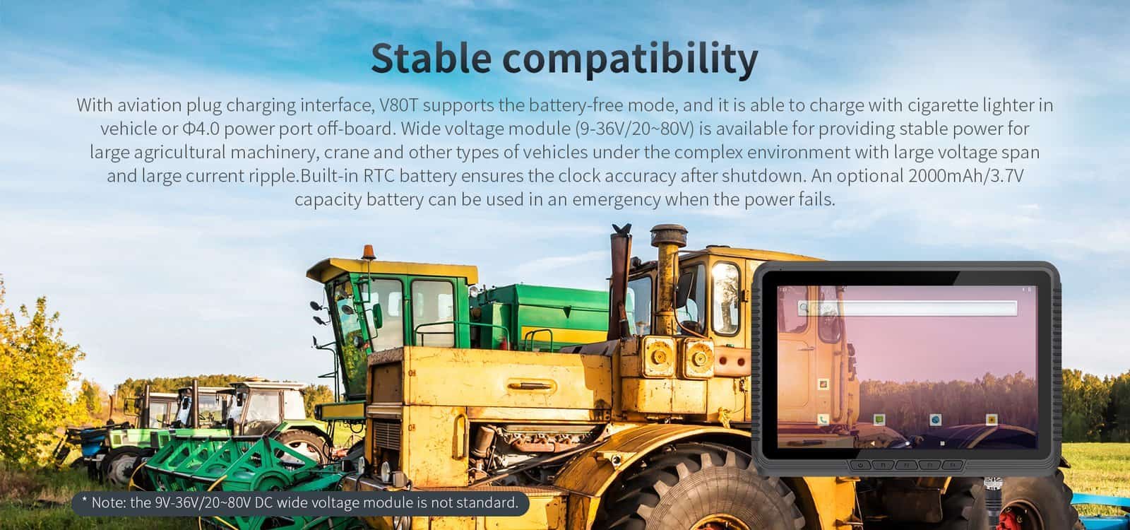 Durable industrial vehicle featuring advanced power and charging compatibility with a rugged touchscreen interface for enhanced operational efficiency.