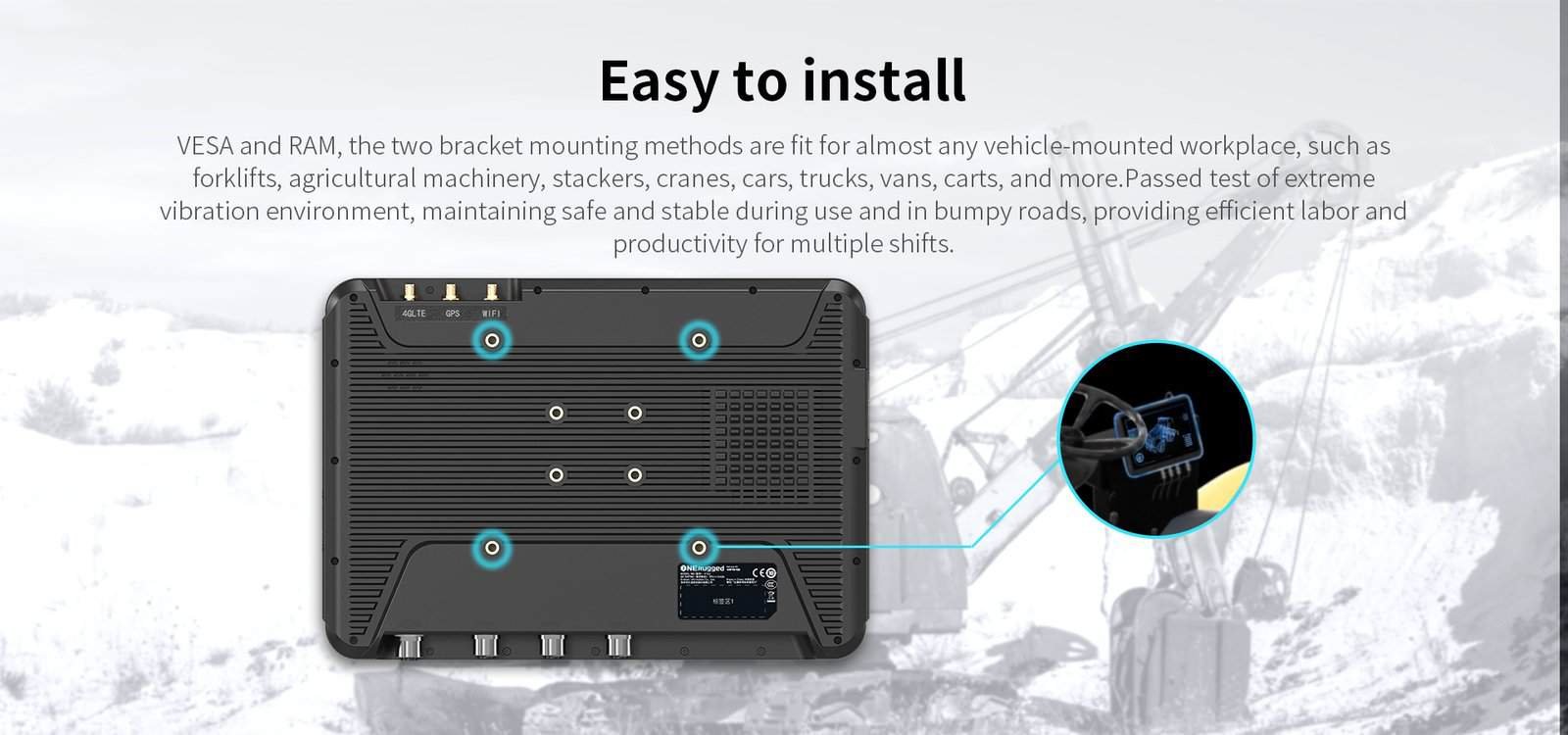 Easy-to-install vehicle-mounted computer with VESA and RAM mounting options, suitable for forklifts, cranes, trucks, and more in rugged environments, ensuring productivity and stability.