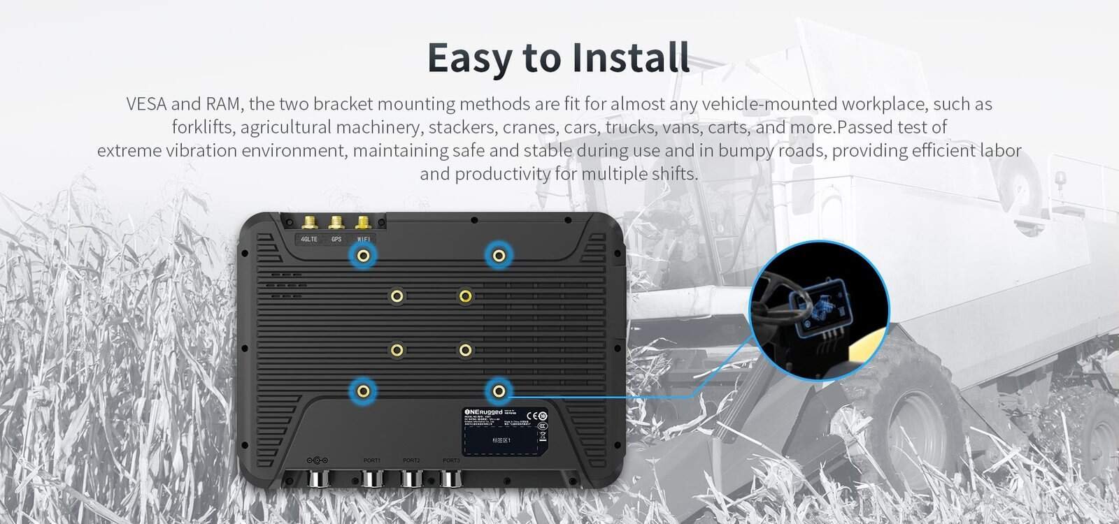 Portable industrial panel computer with rugged design for vehicle-mounted applications, featuring VESA and RAM mounting options for forklift, agriculture, crane, and construction equipment.