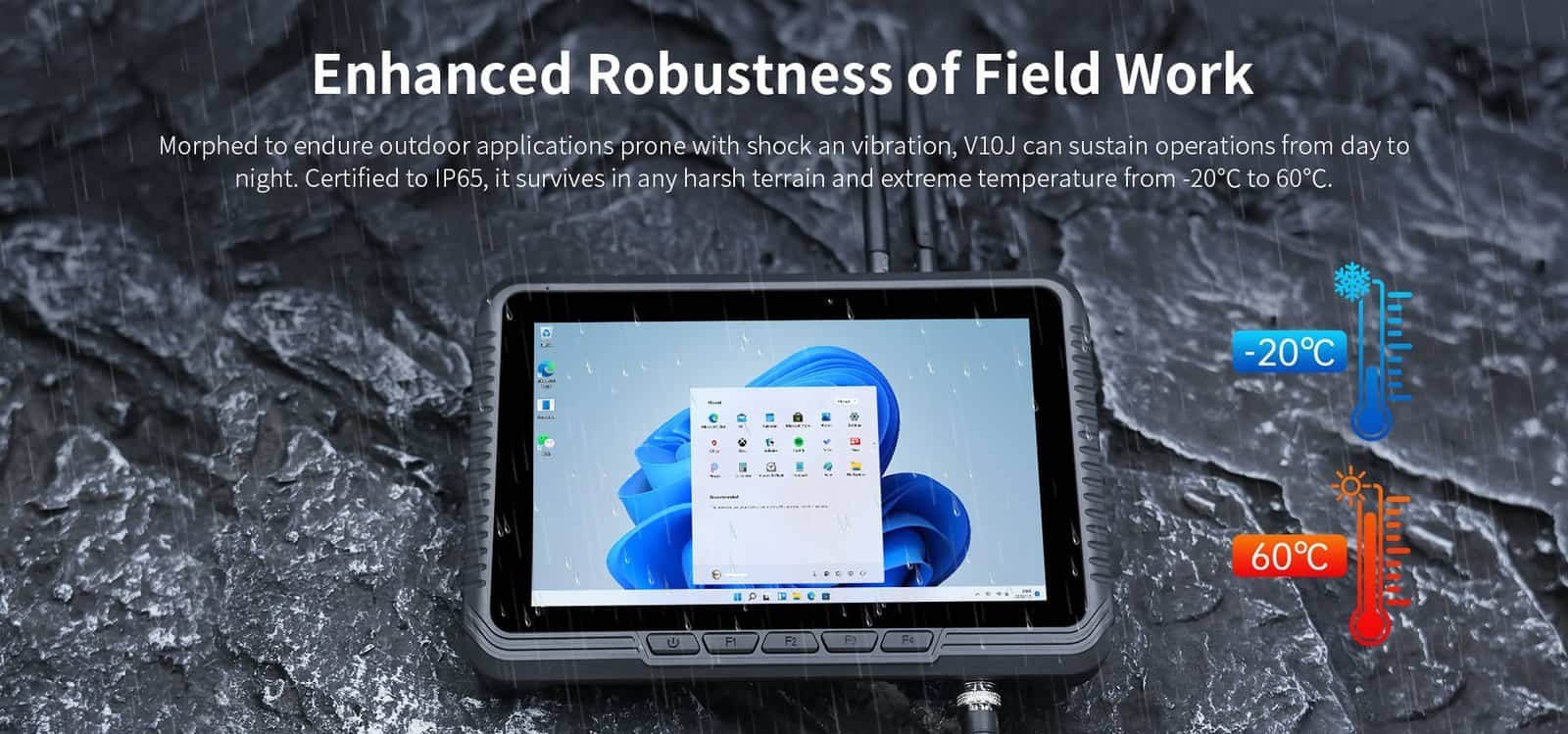 Durable outdoor tablet with rugged design, IP65 certified, withstands harsh weather from -20°C to 60°C, ideal for fieldwork in extreme environmental conditions.