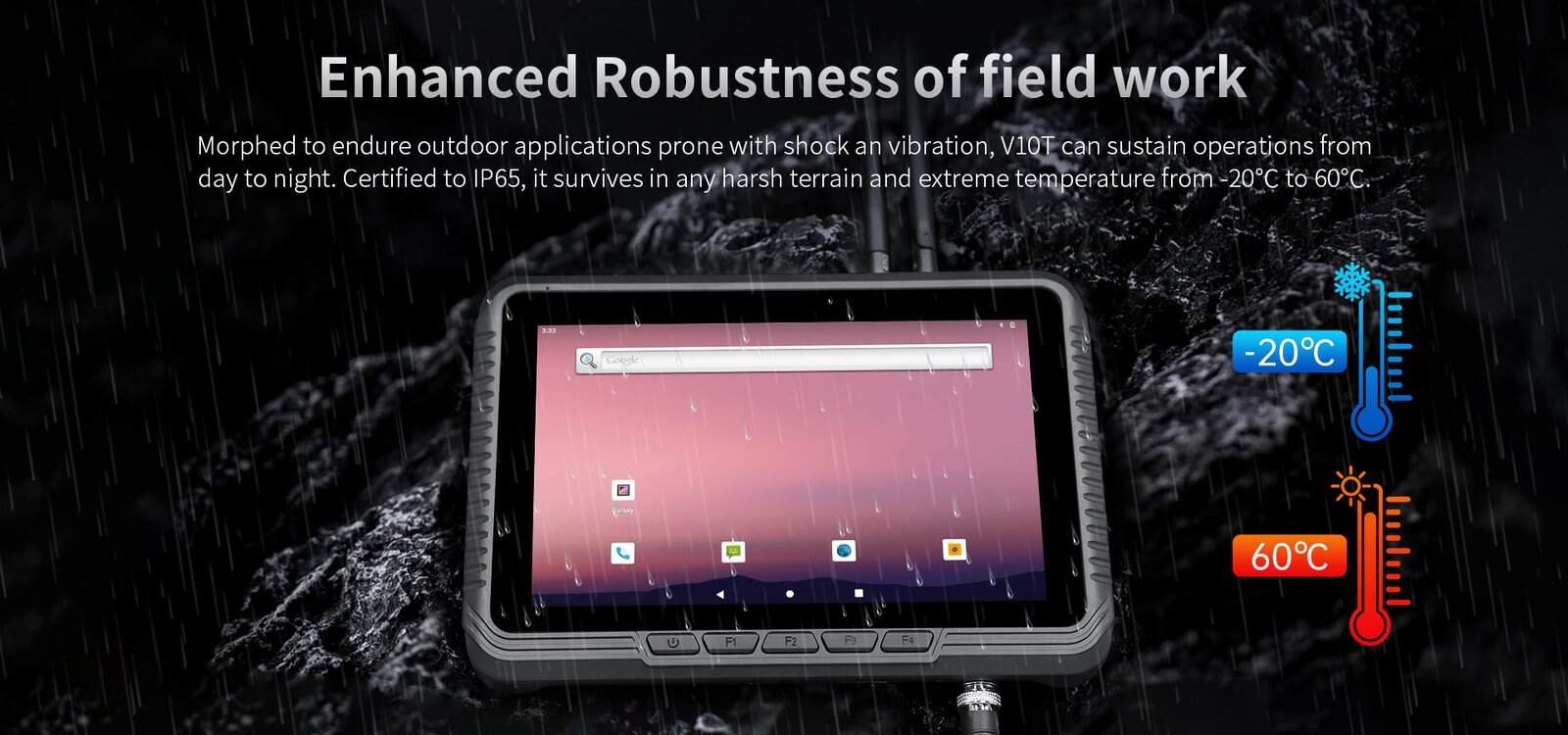Rugged industrial tablet outdoor weatherproof durable waterproof IP65 certification for extreme temperature operation.
