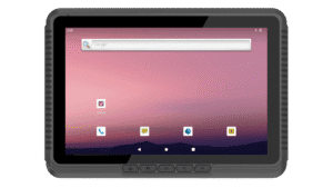 Industrial tablet computer with rugged design, suitable for industrial and outdoor applications, featuring a large touchscreen display and multiple control buttons.