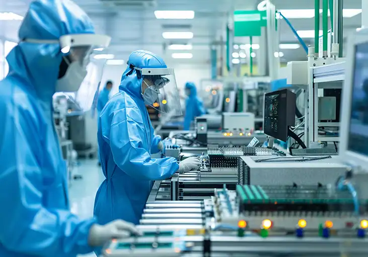 High-tech industrial manufacturing cleanroom with workers in blue protective suits assembling electronic components.
