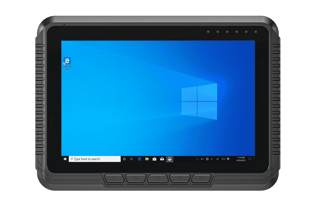 Rugged industrial computer with Windows 10 OS, large touchscreen display, durable design, ideal for industrial and commercial applications.