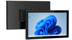 Emdoor IPC industrial tablet with a sleek black design and a vibrant display showing Windows 11 interface, ideal for industrial and commercial applications.