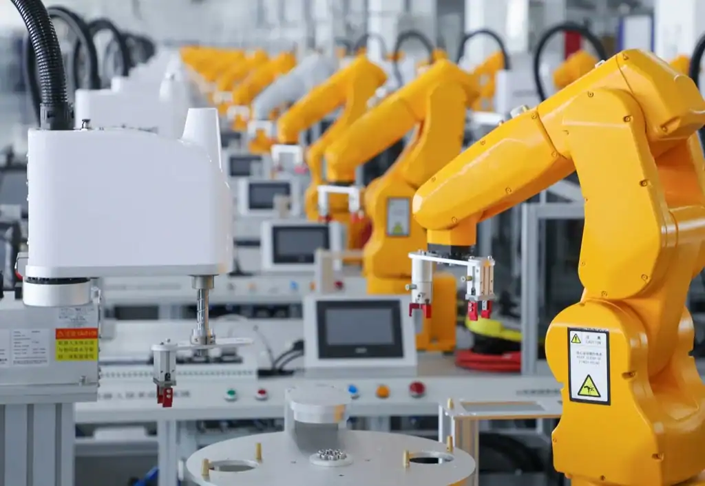 Industrial robotic arms assembling electronic components in a high-tech manufacturing facility dedicated to smart devices and automation solutions.