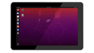 Emdoor IPC industrial tablet displaying a Linux desktop interface with a dark purple background and a stylized panther logo.