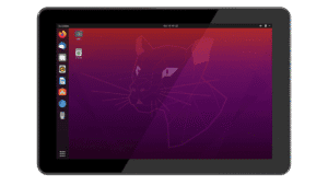 Emdoor IPC tablet displaying a Linux desktop with a purple and orange background featuring a stylized panther logo.