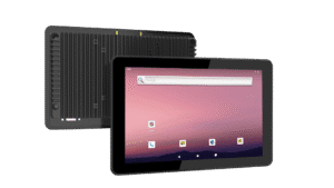 Emdoor IPC industrial tablet with a black ribbed back and a large touchscreen display showing a pinkish background.