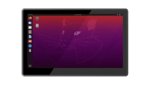 Emdoor IPC industrial tablet with a sleek black design and a vibrant screen displaying a purple and pink abstract background.