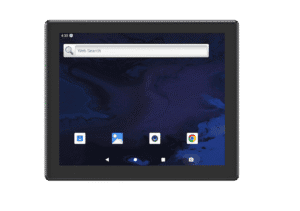 Emdoor IPC industrial tablet with a dark screen displaying app icons and a web search bar, designed for industrial and commercial applications.