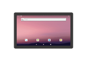 Emdoor IPC tablet with a pink gradient background and app icons on the screen, showcasing industrial-grade touchscreen technology.