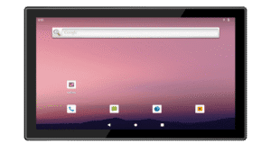 Emdoor IPC industrial tablet with a pink gradient background and app icons on the screen, showcasing rugged design and versatile functionality for industrial applications.
