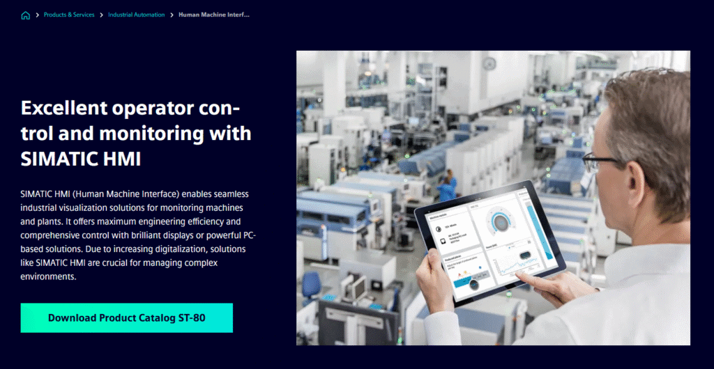 Industrial automation monitor demonstrating SIMATIC HMI integration in a manufacturing plant.