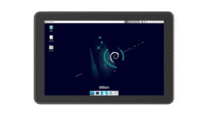 Emdoor IPC industrial tablet displaying Debian Linux interface with a dark background and system icons.