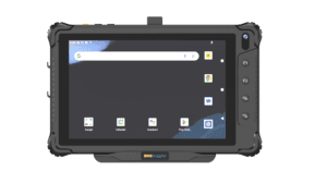 Rugged industrial tablet with Android OS, featuring a large touchscreen display, physical buttons, and durable design for industrial applications.