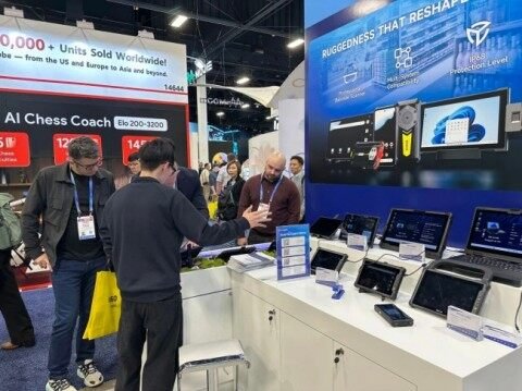 Emdoor Info M82A Rugged Tablet with Intel Core Ultra processor being used in an industrial factory setting.