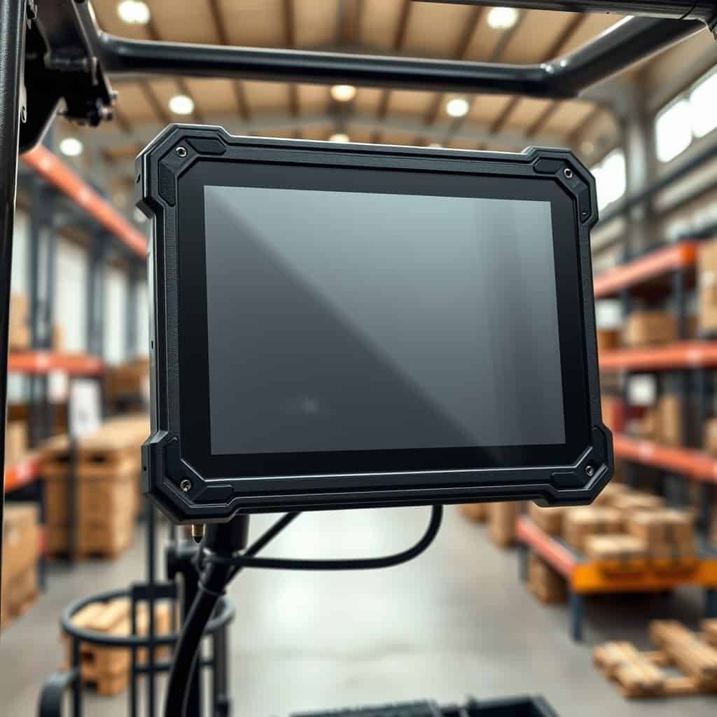 High-resolution industrial touchscreen monitor mounted in a warehouse setting, designed for rugged environments and industrial automation applications.