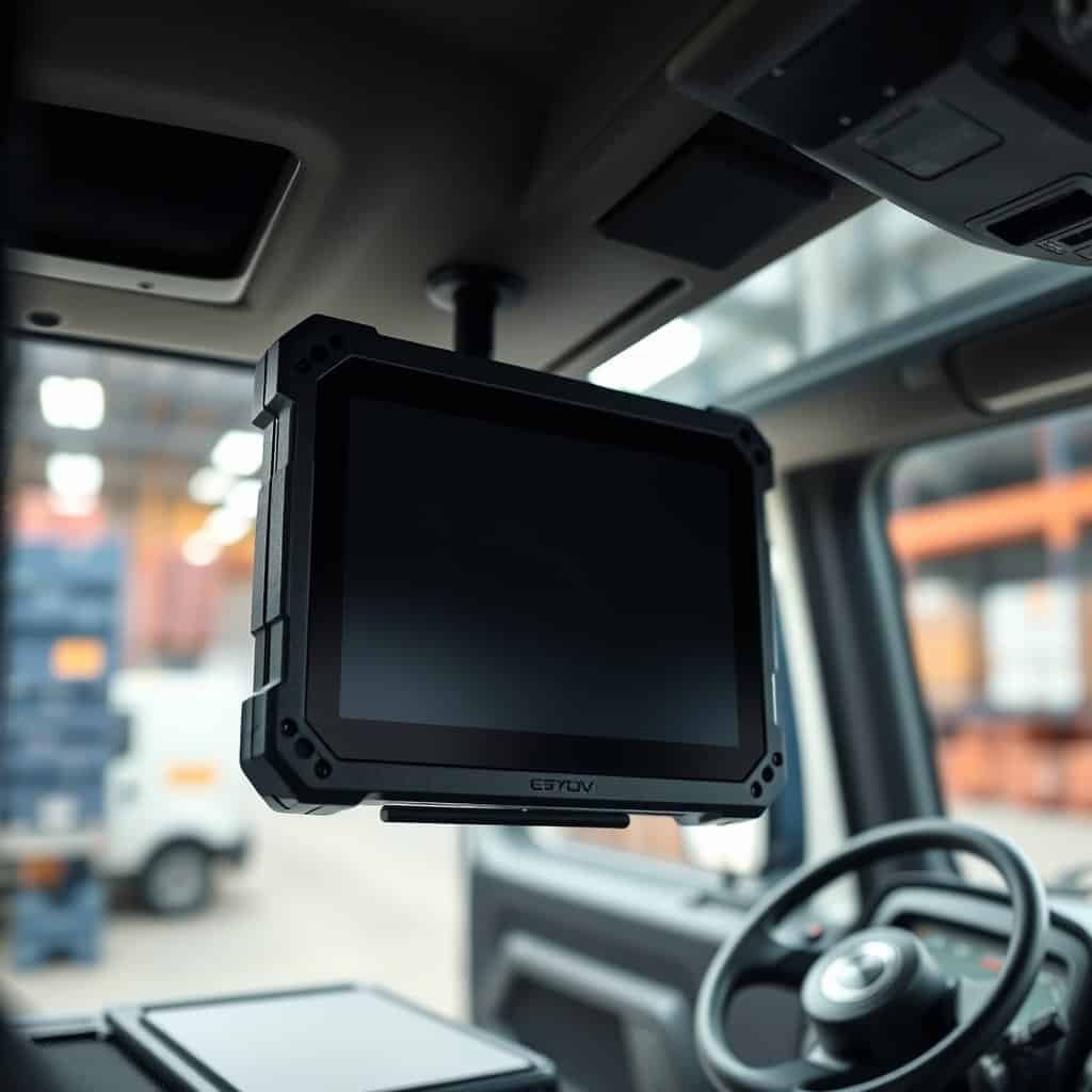 An LED monitor mounted inside a vehicle, likely used for industrial or commercial purposes, with a rugged design suitable for harsh environments.