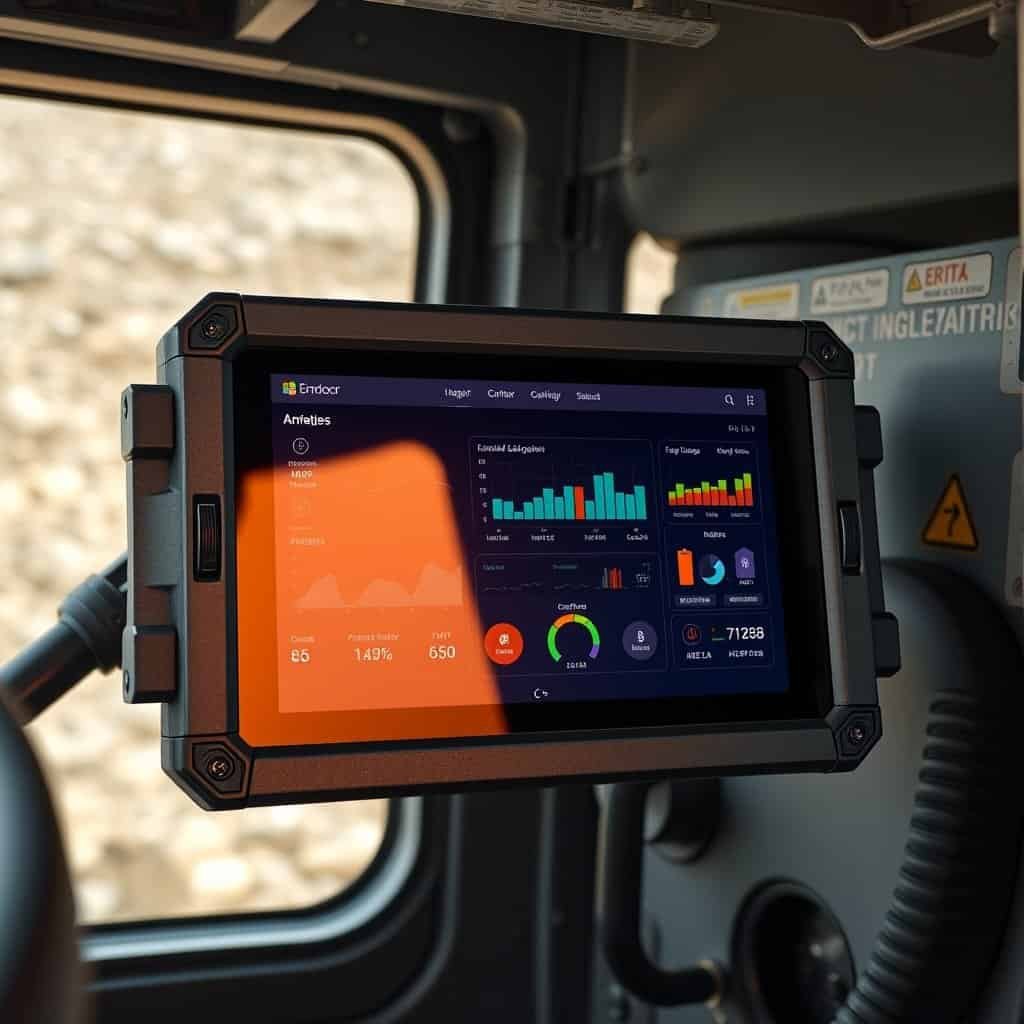 AI-powered industrial tablet with rugged design, displaying analytics and data visualization inside heavy machinery for enhanced operational efficiency.