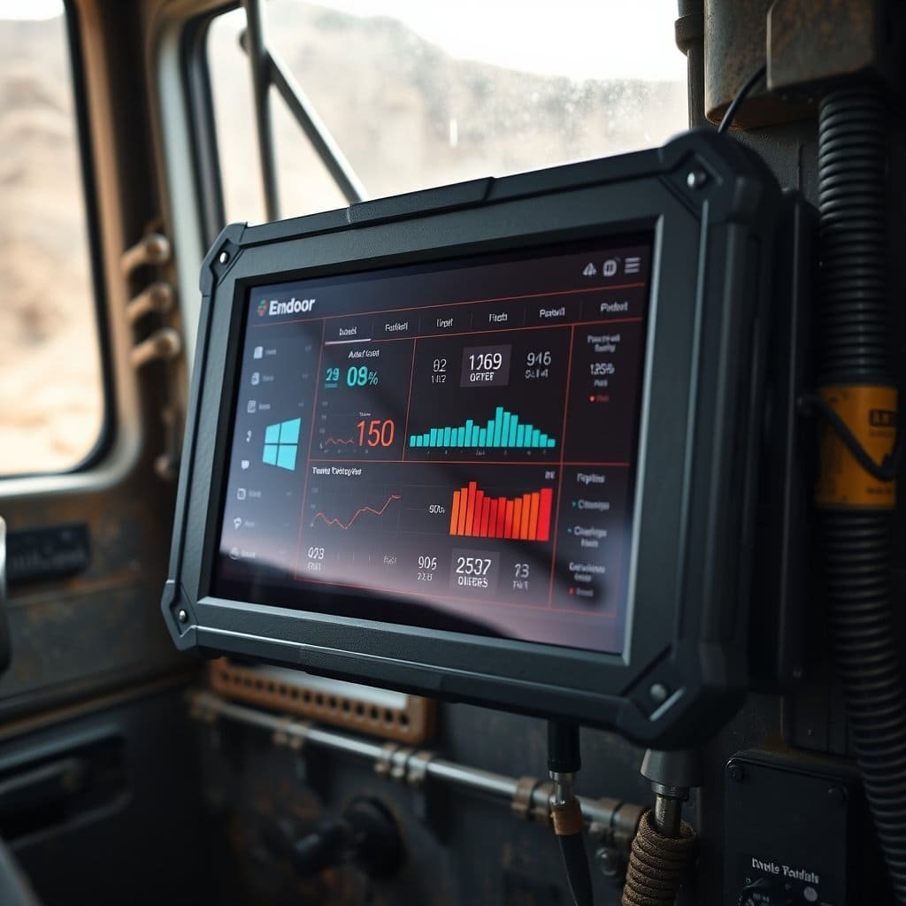 Emdoor rugged tablet mounted in mining truck cab with active dashboard UI