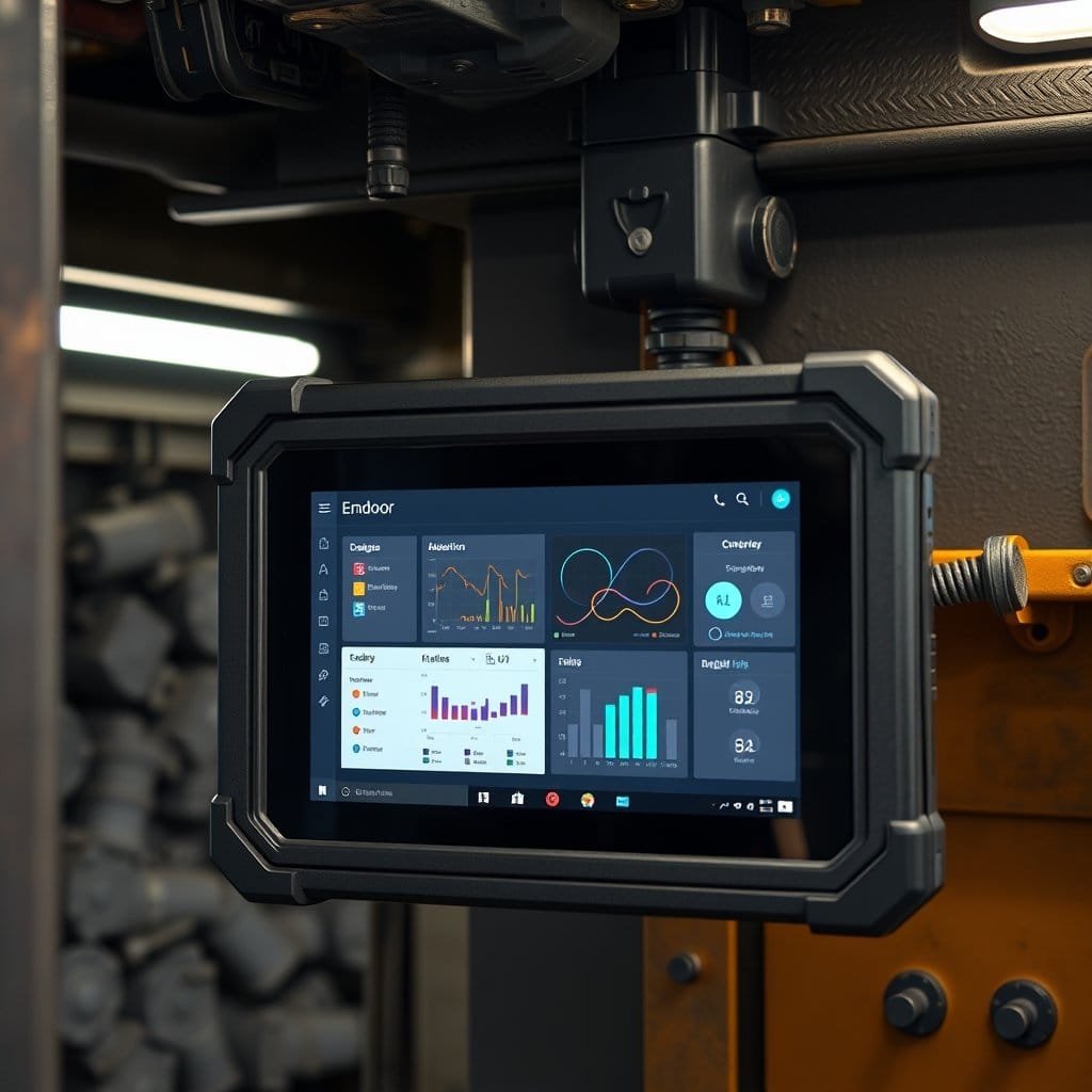 Endoor industrial tablet mounted on machinery, displaying data analytics and system monitoring, ideal for industrial automation and control applications.