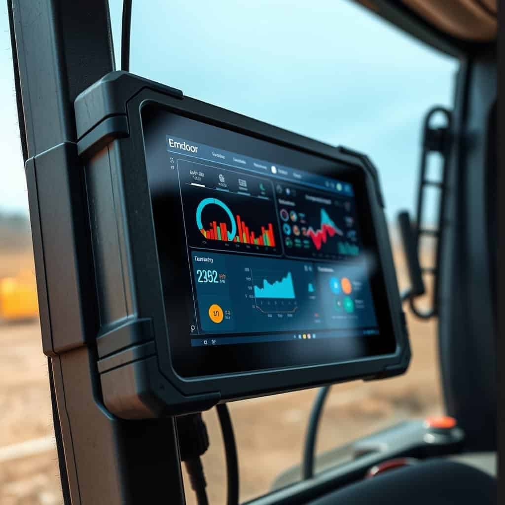 Advanced industrial tablet with rugged design and high-resolution display for data monitoring and analysis in construction and fieldwork environments.