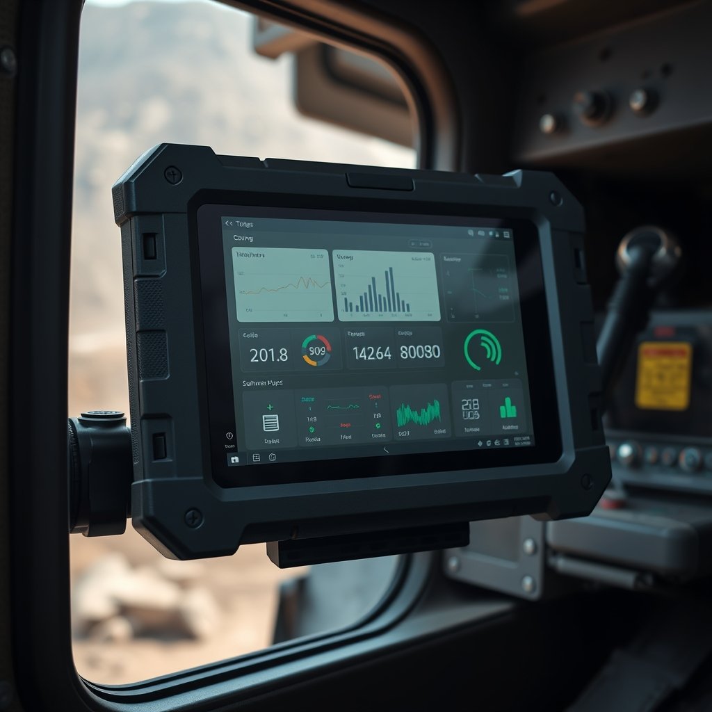 Emdoor rugged panel PC mounted in open-pit mining truck with dashboard UI.