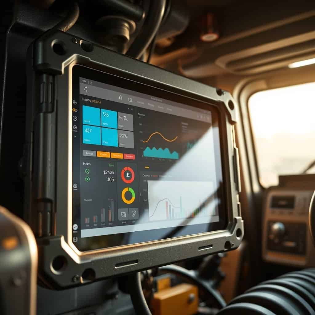 AI-powered rugged tablet displaying data analytics and graphs inside a vehicle, used for industrial or transportation monitoring.