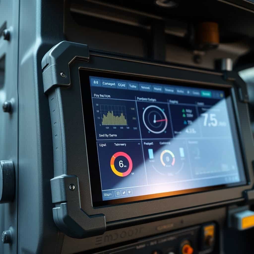 High-tech industrial touchscreen control panel displaying data analytics and system metrics for automation and monitoring.
