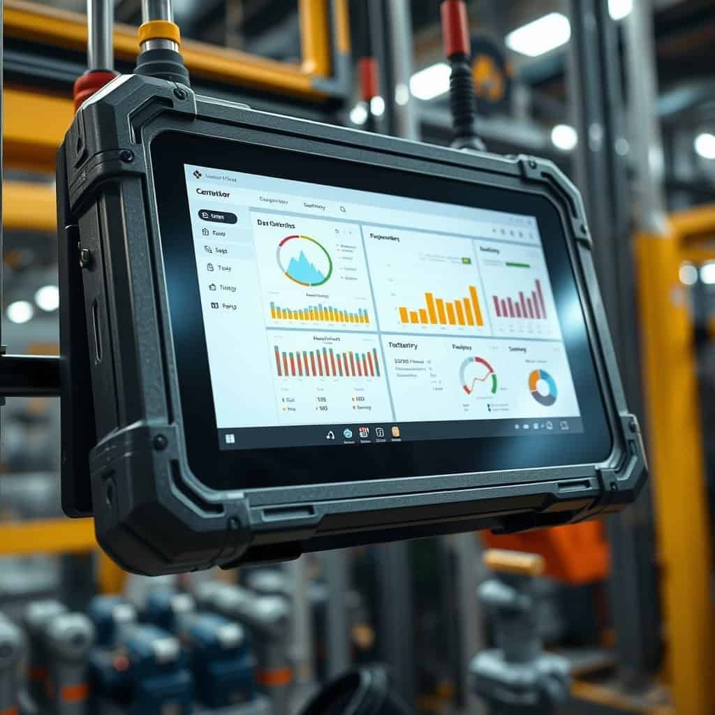 Rugged industrial tablet displaying data analytics in a manufacturing environment with machinery in the background.