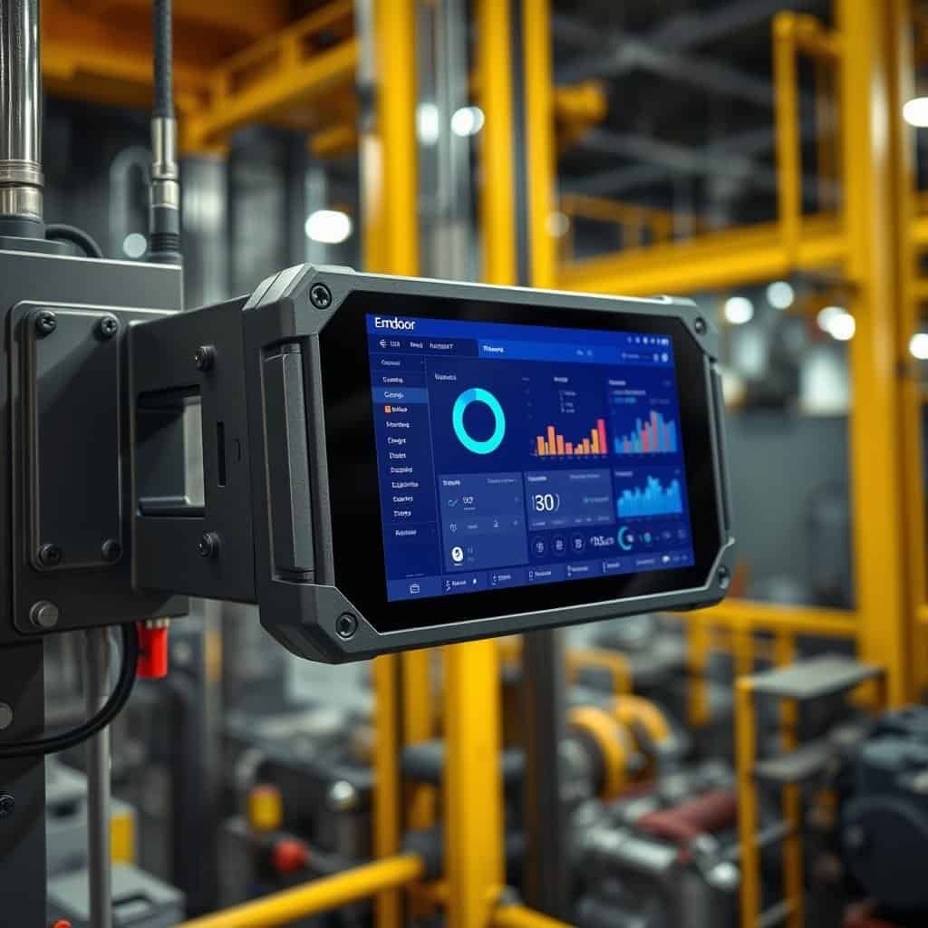 Industrial touchscreen control panel displaying data analytics in a manufacturing or automation environment.