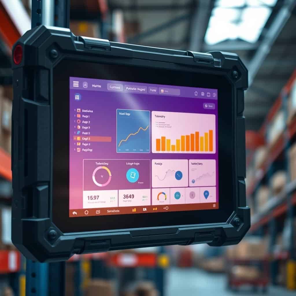 Advanced industrial tablet with rugged design displaying data analytics and graphs, suitable for warehouse or manufacturing environments.