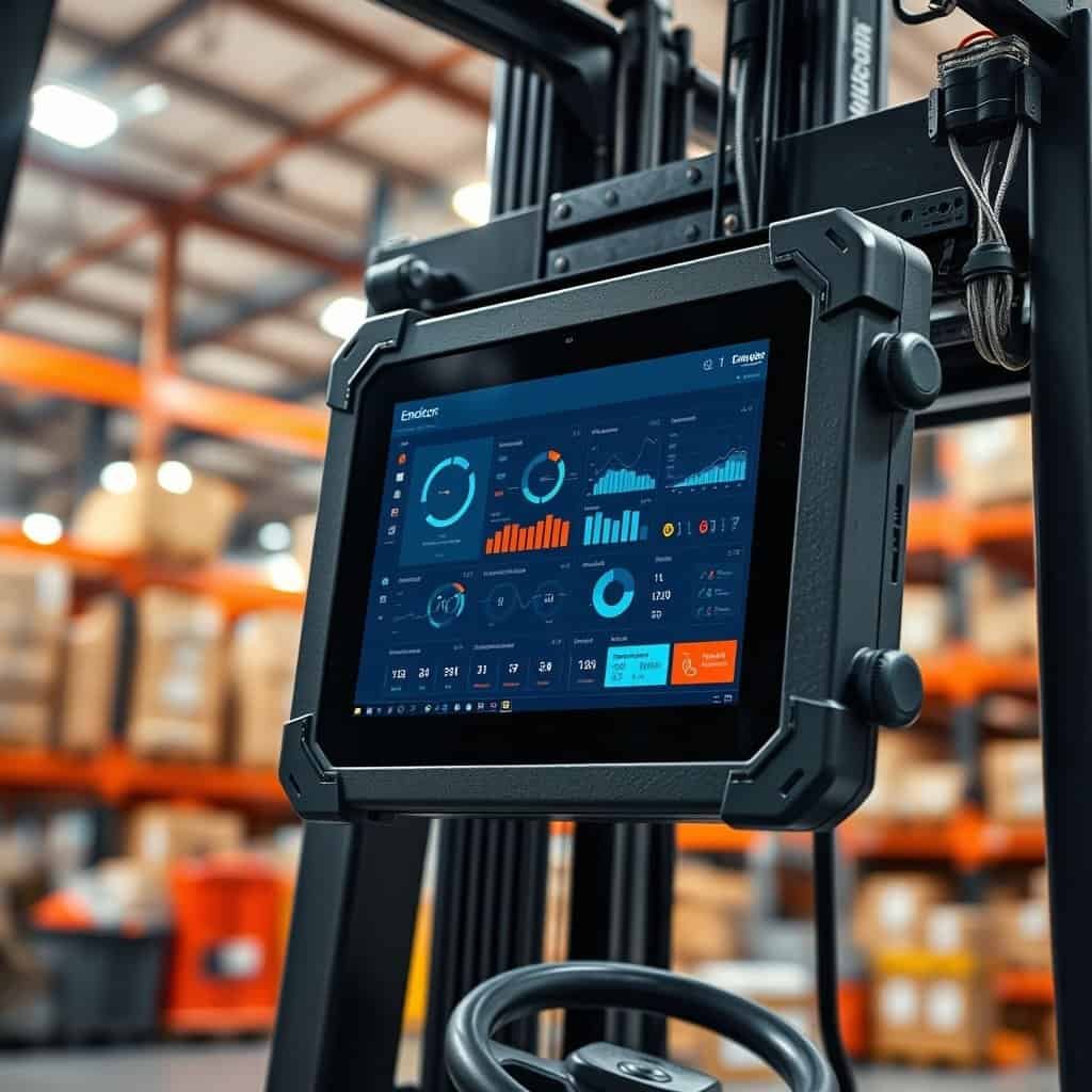 Industrial tablet mounted on forklift displaying data analytics in a warehouse environment for logistics and inventory management.