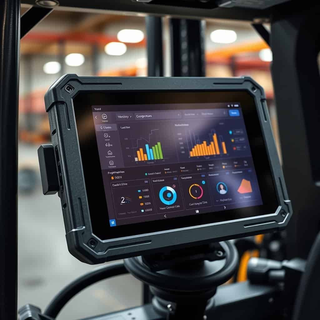 Data analysis tablet mounted on industrial equipment displaying various charts and graphs for monitoring performance metrics.