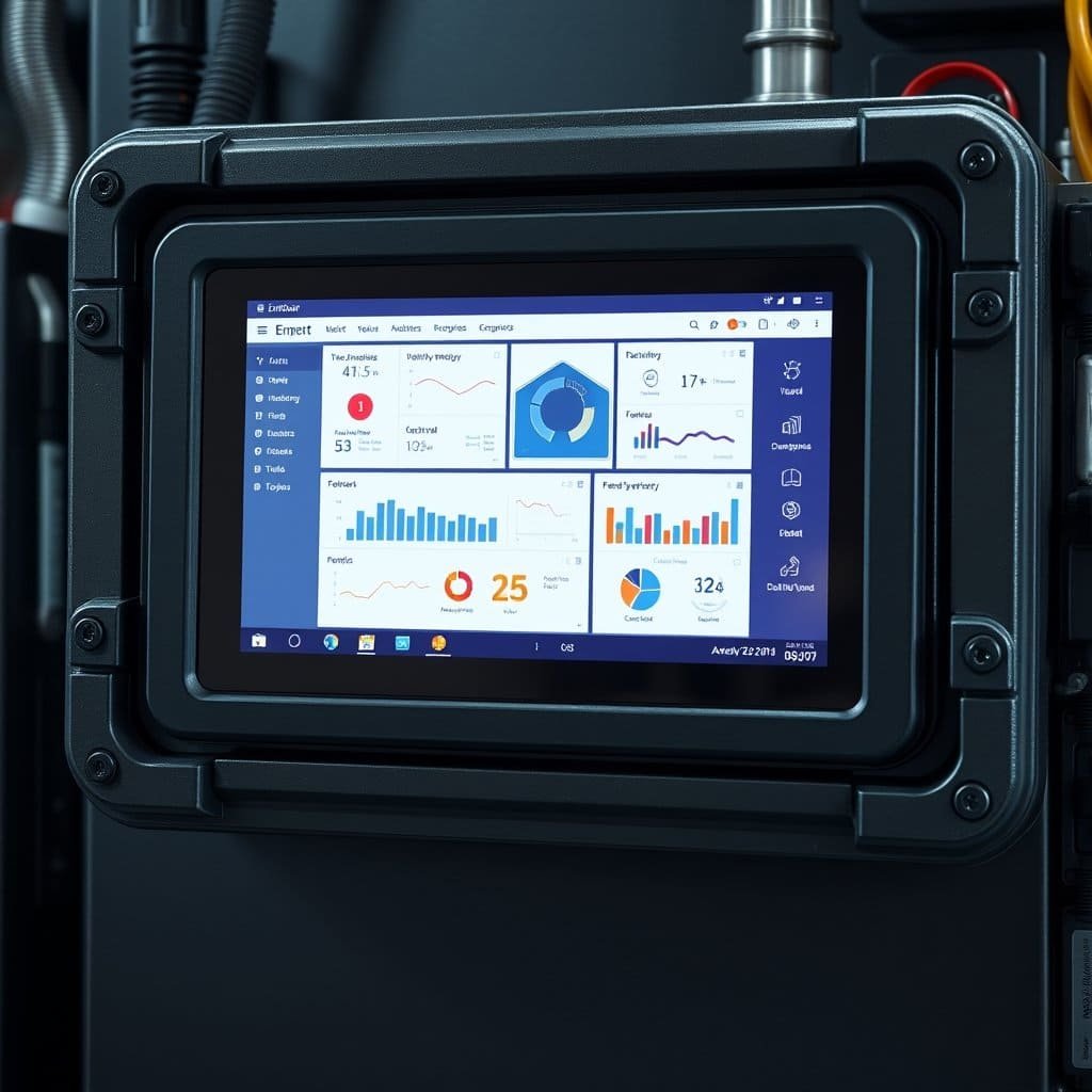 Smart industrial tablet displaying data analytics and monitoring dashboards, integrated into rugged equipment for industrial automation and control applications.