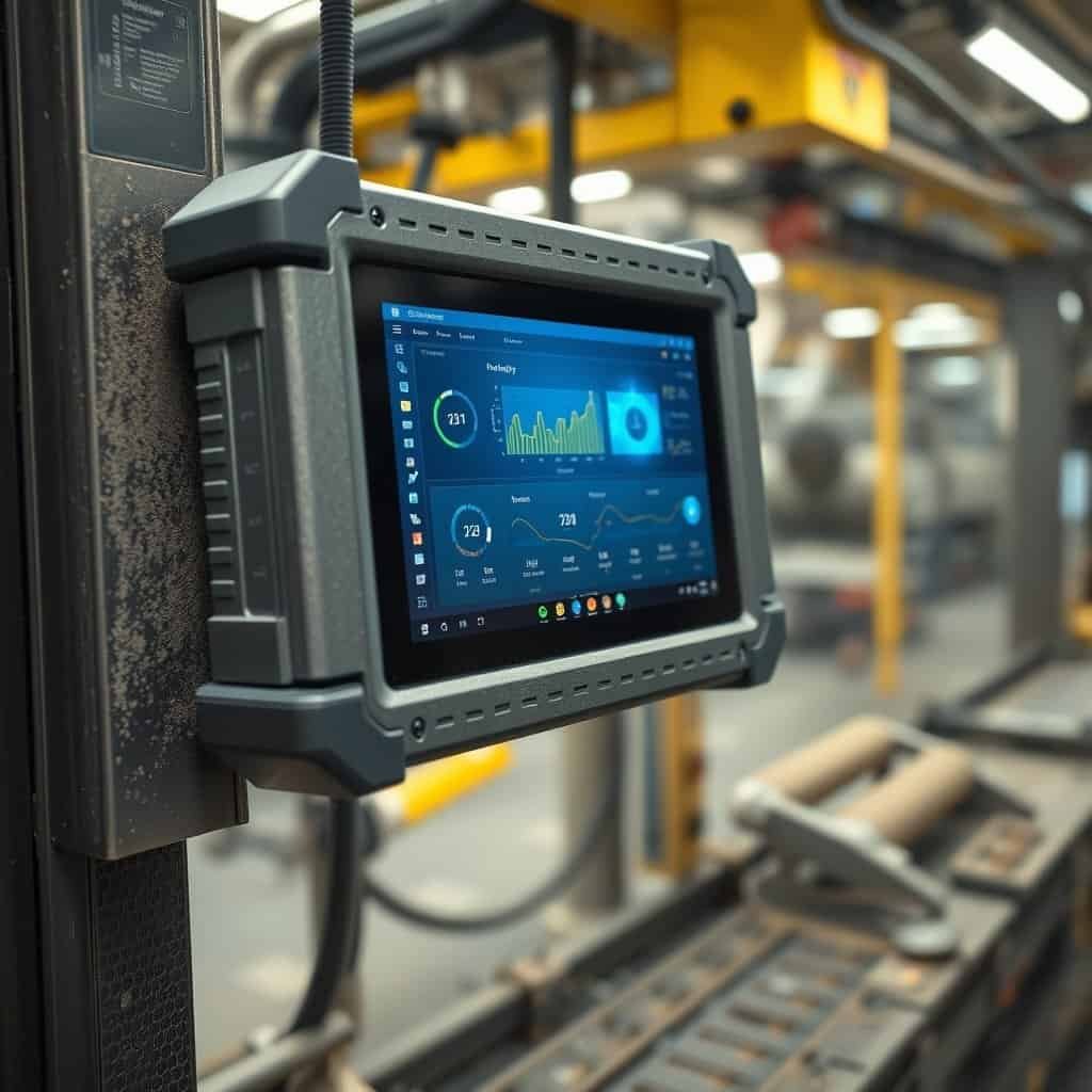 High-performance industrial tablet mounted on machinery in a manufacturing environment, showcasing rugged design and advanced digital interface for industrial automation and control.