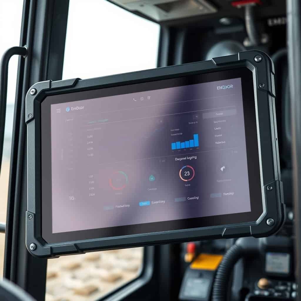 Advanced industrial tablet with rugged design and digital interface for monitoring machinery performance in heavy-duty environments.