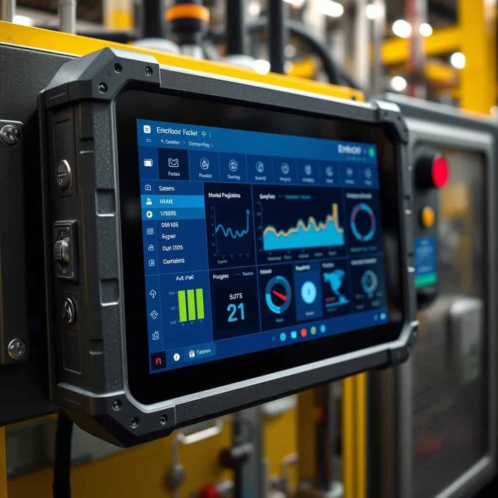 A comprehensive industrial touchscreen control panel used for automation and data monitoring in manufacturing environments.