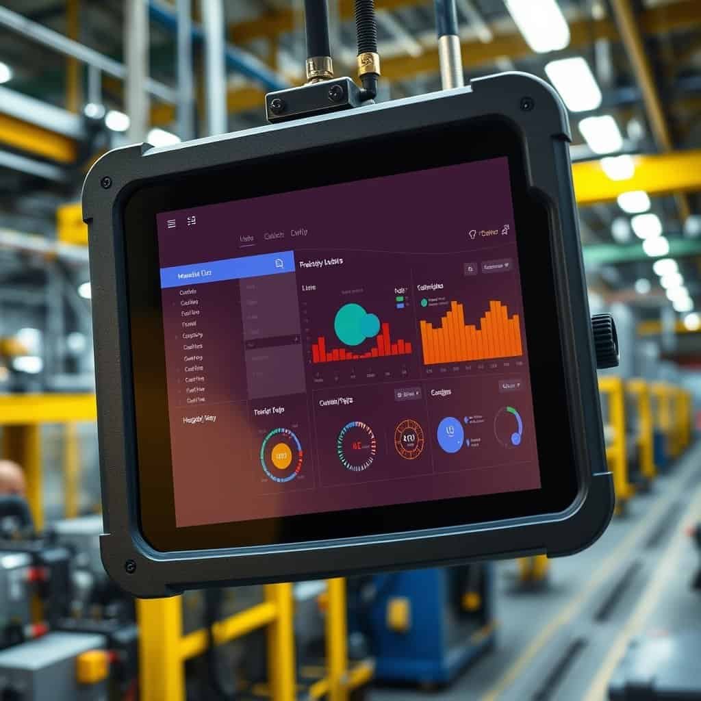 The image shows a rugged industrial tablet with a digital dashboard displaying analytics, set in a manufacturing or warehouse environment with yellow safety rails and machinery in the background.