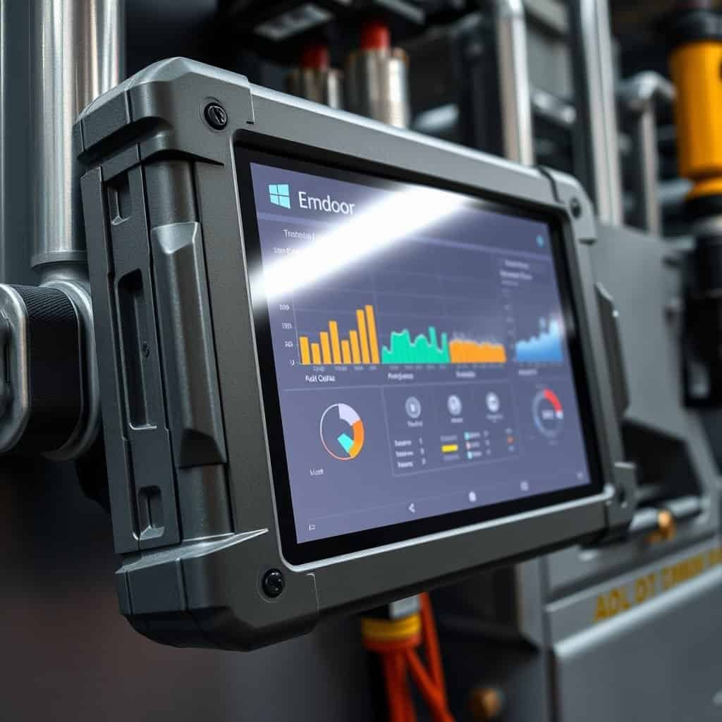 An industrial-grade touchscreen control panel displaying data analytics and system monitoring, mounted on machinery in a manufacturing environment.